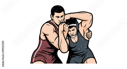 Wrestlers in combat gear grappling during a match