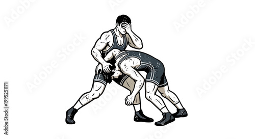 Wrestlers in intense match, one covering face in frustration