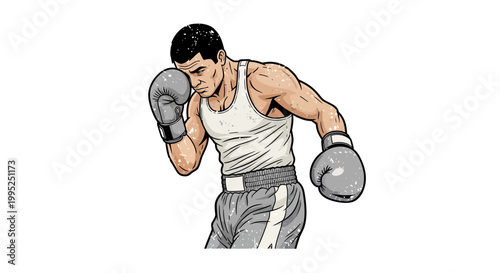 Boxer in fighting stance, wearing gloves and tank top, isolated on white background