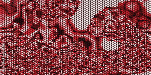 Macro close-up of black halftone dots on white paper forming a dense geometric mosaic of triangles and diamond shapes, with varied dot density, sharp edges, and visible print grain.