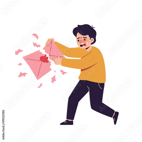 Heartbreak and disappointment illustrated with a sad young man tearing up a love letter, symbolizing relationship struggles and emotional pain