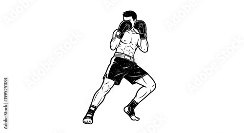 Boxer in fighting stance, dynamic movement, black and white illustration