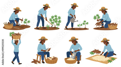 African woman farmer engaging in various agricultural tasks like planting, harvesting, watering, processing, and carrying cassava crops in baskets