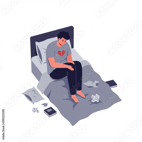 Sad Person Sitting on a Bed Feeling Lonely with a Broken Heart Symbol