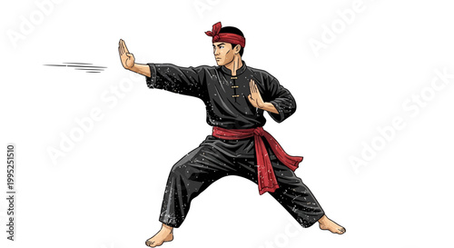 Martial artist in traditional black uniform and red sash performs defensive stance