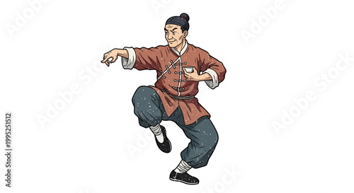 Martial artist in traditional clothing performing a dynamic pose, white background