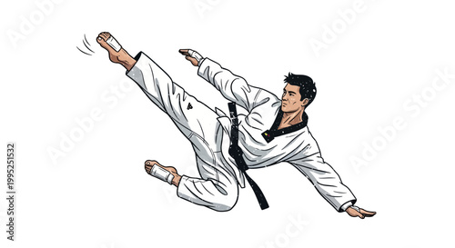 Martial artist performing a dynamic flying side kick in a taekwondo uniform