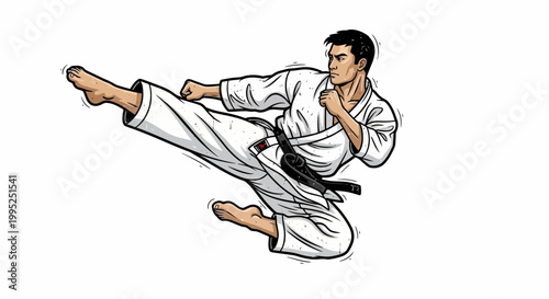 Martial artist performing a dynamic side kick in a white gi