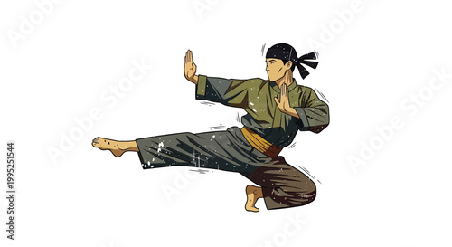 Martial artist performing a dynamic kick in traditional attire