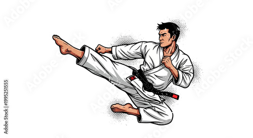 Martial artist performing a dynamic side kick in a white gi