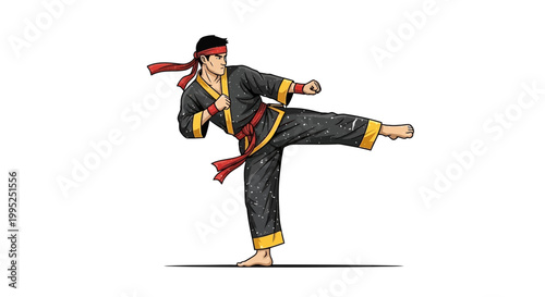 Martial artist performing a dynamic side kick in traditional uniform, illustration