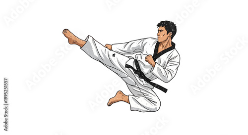 Martial artist performing a flying side kick in a white dobok