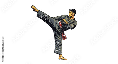 Martial artist performing a dynamic side kick, isolated on white background