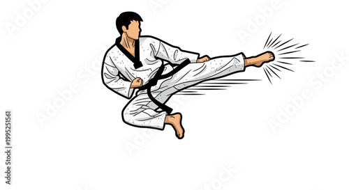 Martial artist performing a flying side kick in a do-bok