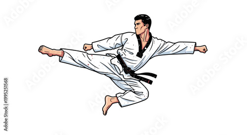 Martial artist performing a flying side kick in a white gi with a black belt.