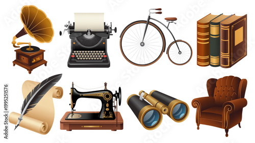 Collection of vintage sewing and bicycle tools on wooden surface Vector