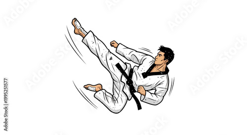 Martial artist performing a high kick in taekwondo uniform
