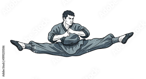 Martial artist performing a split, demonstrating flexibility and discipline.