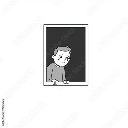 Melancholic cartoon boy peers out a dark window, his tear-streaked face expressing profound sadness and a sense of solitude in a stark, illustrative design