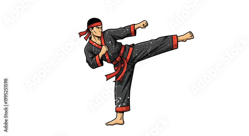 Martial Artist Performing High Kick in Black Uniform