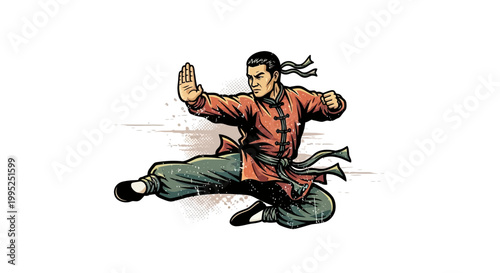Martial Artist Performing Dynamic Kick in Traditional Chinese Attire