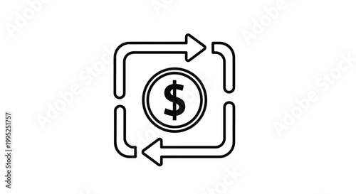 Clean vector illustration of a dollar coin sign surrounded by a rotating square arrow border representing financial transaction flow and money exchange or currency circulation