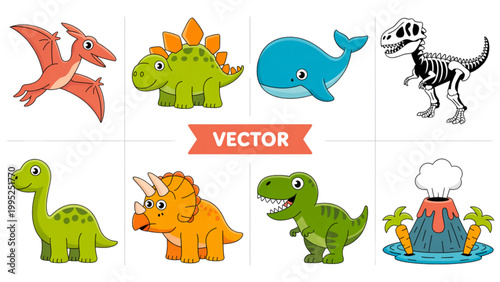 Colorful cartoon dinosaurs and animals playing together in a fun setting Vector