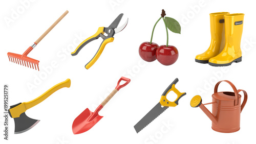 Set of colorful gardening and outdoor tools arranged together Vector