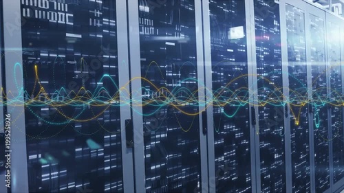 Server racks in data aisle pulsing LEDs and overlaying waveform with incoming data causing peaks