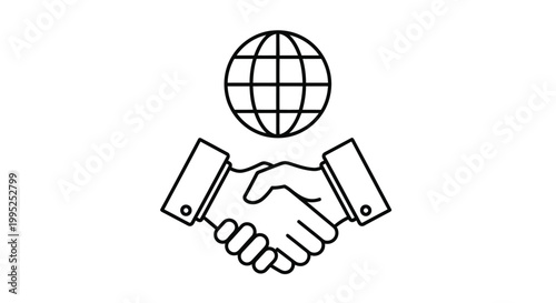 This vector illustration depicts a symbolic global business partnership through a handshake icon, representing international cooperation, agreement, and connection between entities worldwide.