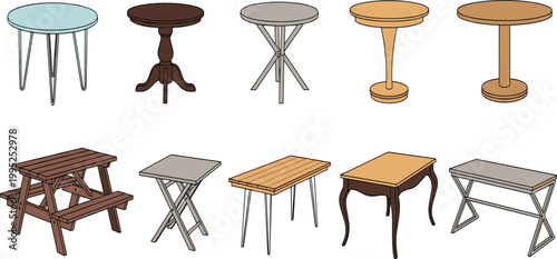 Furniture table vector icon set featuring round and rectangular designs including picnic bench mid century hairpin legs and traditional wood styles for interior design
