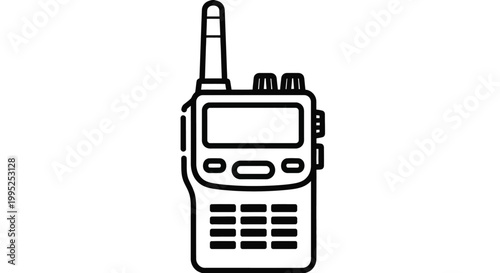 Simple black and white vector illustration of a handheld walkie talkie radio design for professional communication and emergency coordination tasks shown in a flat style
