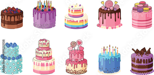 Celebration cake vector icon set featuring chocolate drip birthday cakes rainbow tiers macarons and candles for bakery menu and party invitation design