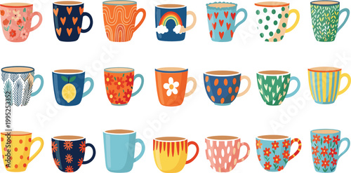 Patterned coffee mug vector icon set featuring 21 colorful ceramic designs with floral rainbow citrus and geometric patterns for cafe and kitchenware branding