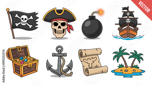 Collection of nautical-themed flat icons with anchors, ships, and sea elements Vector