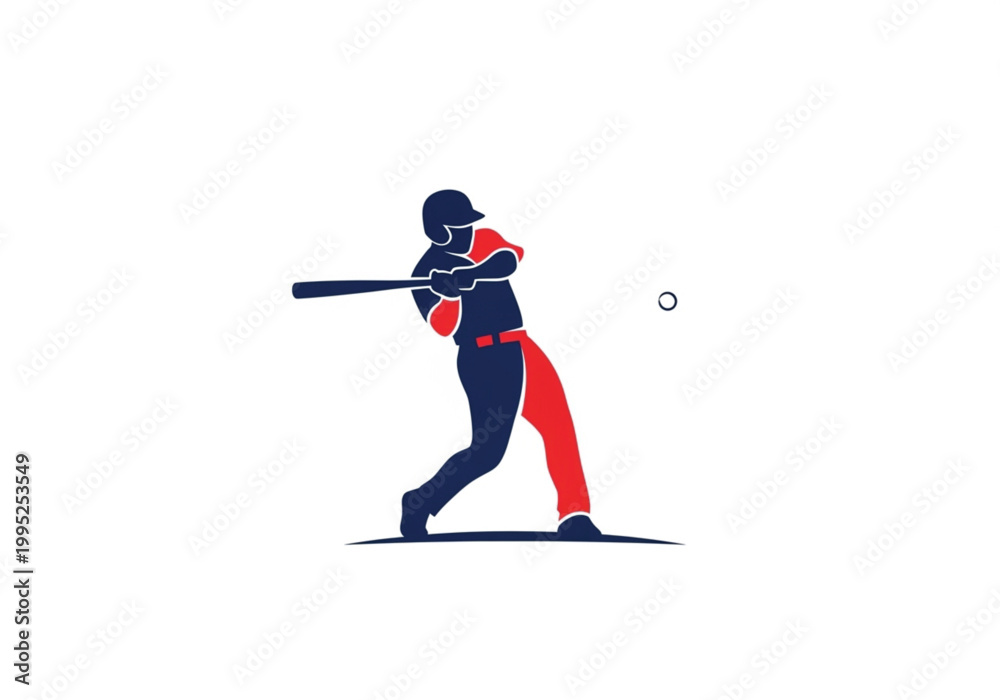 Fototapeta premium Minimalist Baseball Player Batter Hitting Ball Silhouette Logo Illustration in Blue and Red
