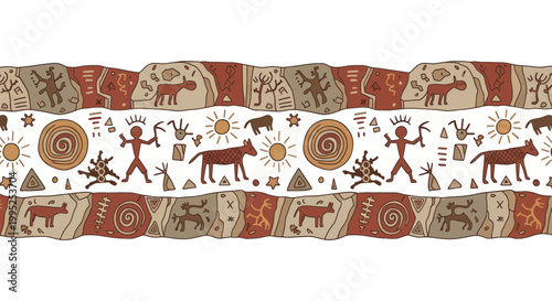 Ancient cave painting inspired seamless border design.