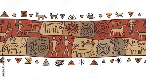 Ancient cave painting style art with human and animal figures.