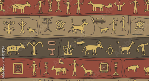 Ancient cave paintings depicting animals and human figures.