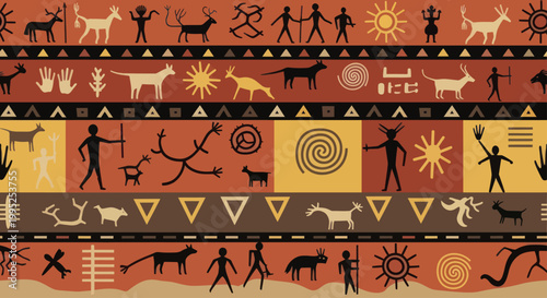 Ancient cave paintings and tribal art depicting prehistoric life.