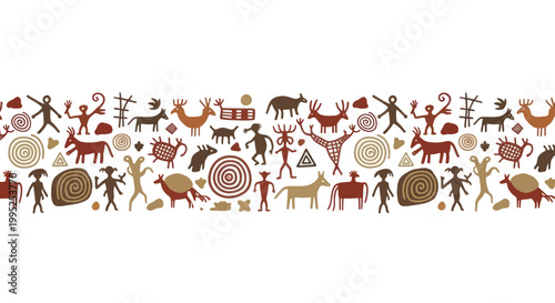 Ancient Cave Paintings Depicting Humans Animals and Symbols.