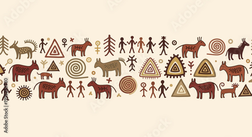 Ancient Cave Paintings Depicting Animals and Humans.