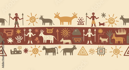 Ancient Tribal Art Seamless Pattern with Animals and Figures.