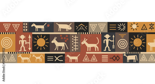 Ancient Tribal Art Seamless Pattern with Animals and Symbols.