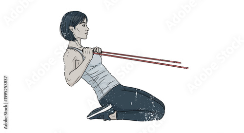 Woman performing resistance band rowing exercise on knees