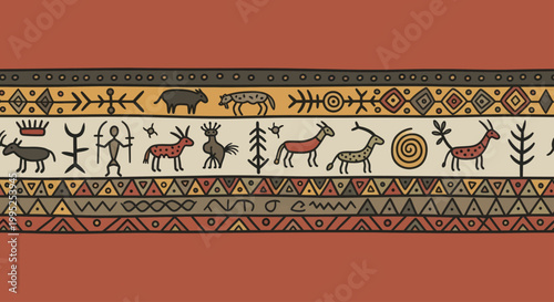 Ancient Tribal Art Seamless Pattern with Animals and Symbols.