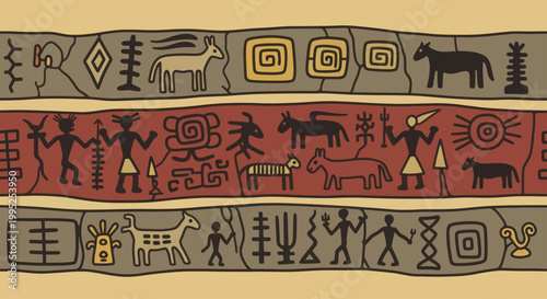 Ancient Tribal Art with Animals and Symbols.