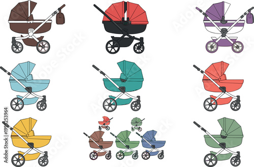 Colorful baby stroller set with modern prams and carriage designs in flat vector illustration collection for parenting and childcare
