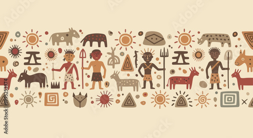 Ancient Tribal Art Seamless Pattern with Primitive Figures and Animals.