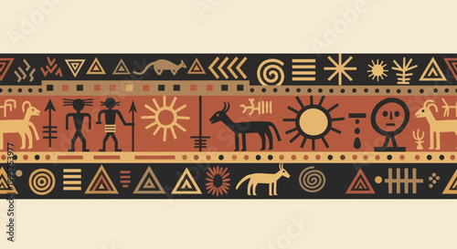 Ancient tribal art with symbolic figures and patterns.